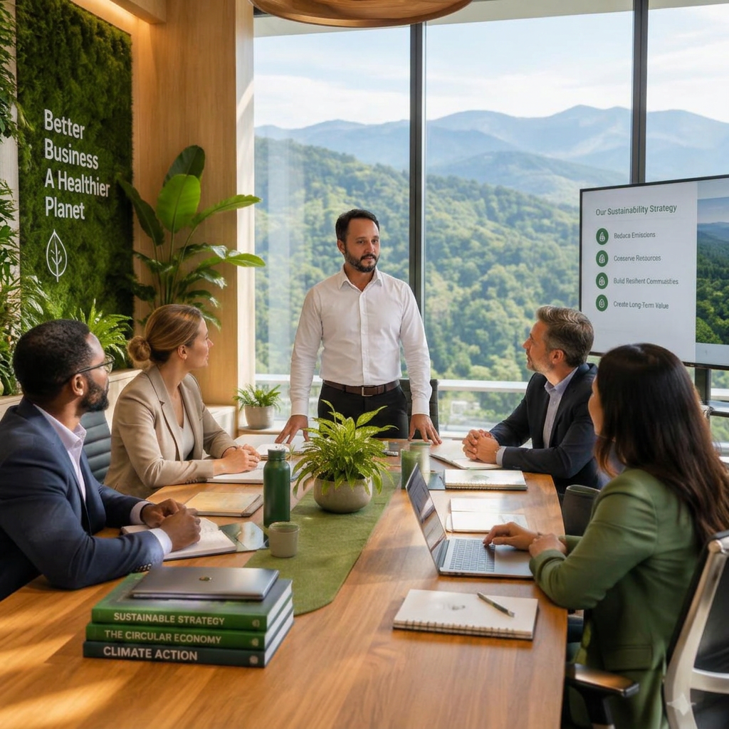 Equipe da AMBISERRA em reunião em escritório corporativo com tema ambiental